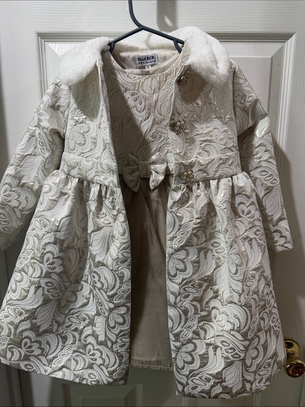 Blueberi Boulevard Cream Floral Brocade Girls' Coat with Matching Dress